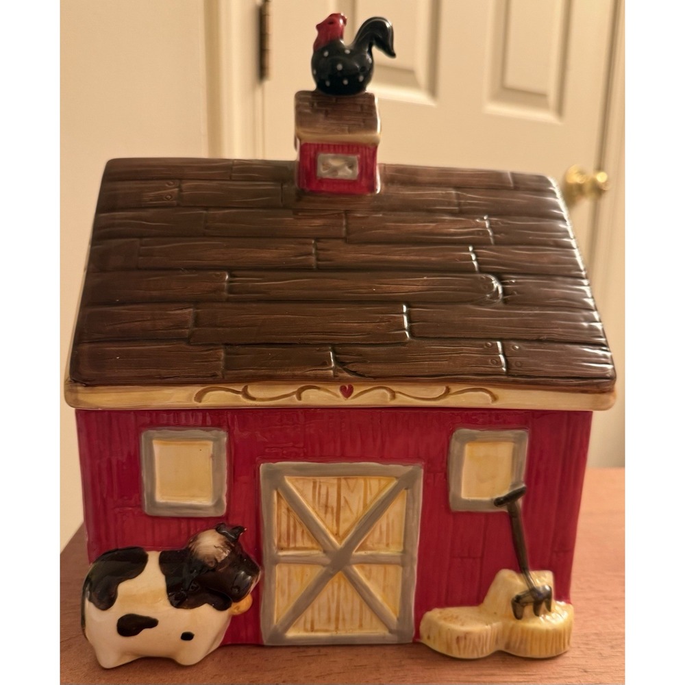 Vintage Red Barn Cookie Jar Rooster, Cow, Sheep EUC